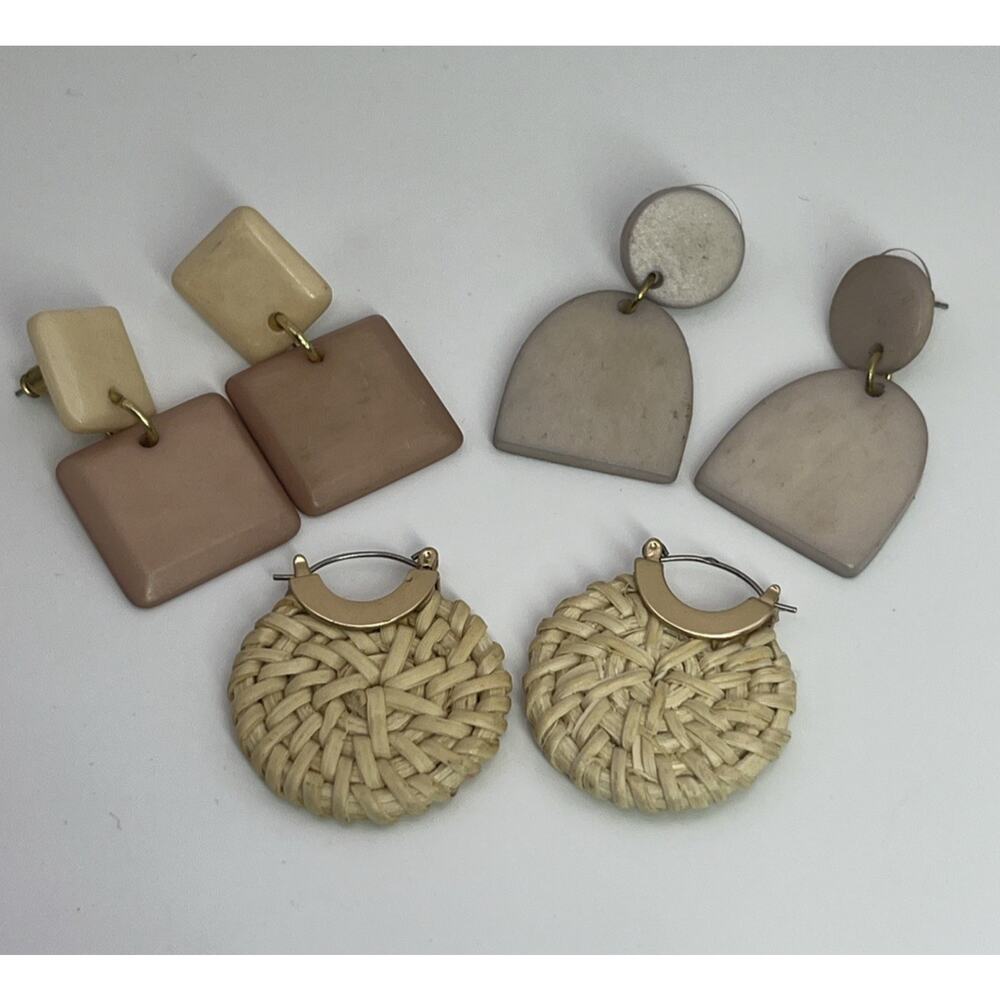 Boho Beach Statement Earrings Lot of 3 Pairs Neutral Rattan Woven Dangle